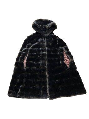 Vtg Tissavel Faux Fur Cape With Hood One Size Black Satin Lining USA Made
